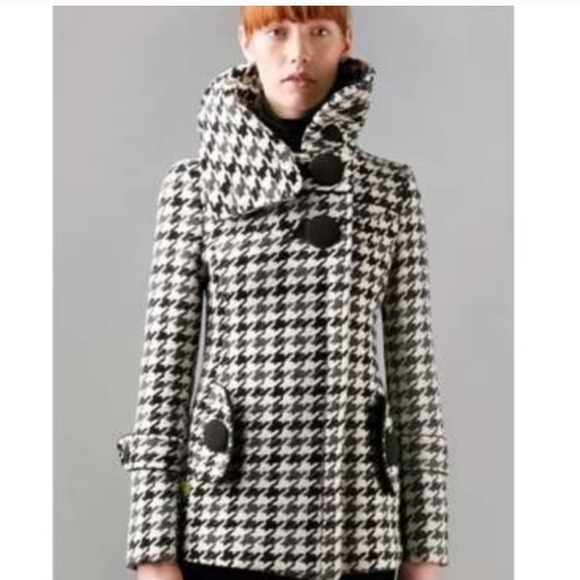 Soia & Kyo Wool Houndstooth Black and White Coat Funnel Neck-Sz L - Picture 1 of 15